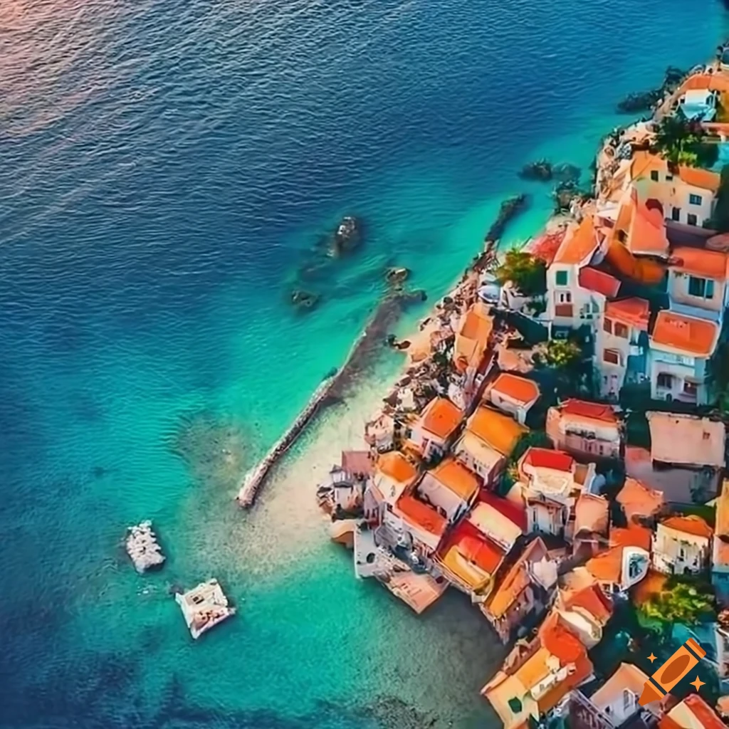 Aerial view of a village by the Mediterranean Sea