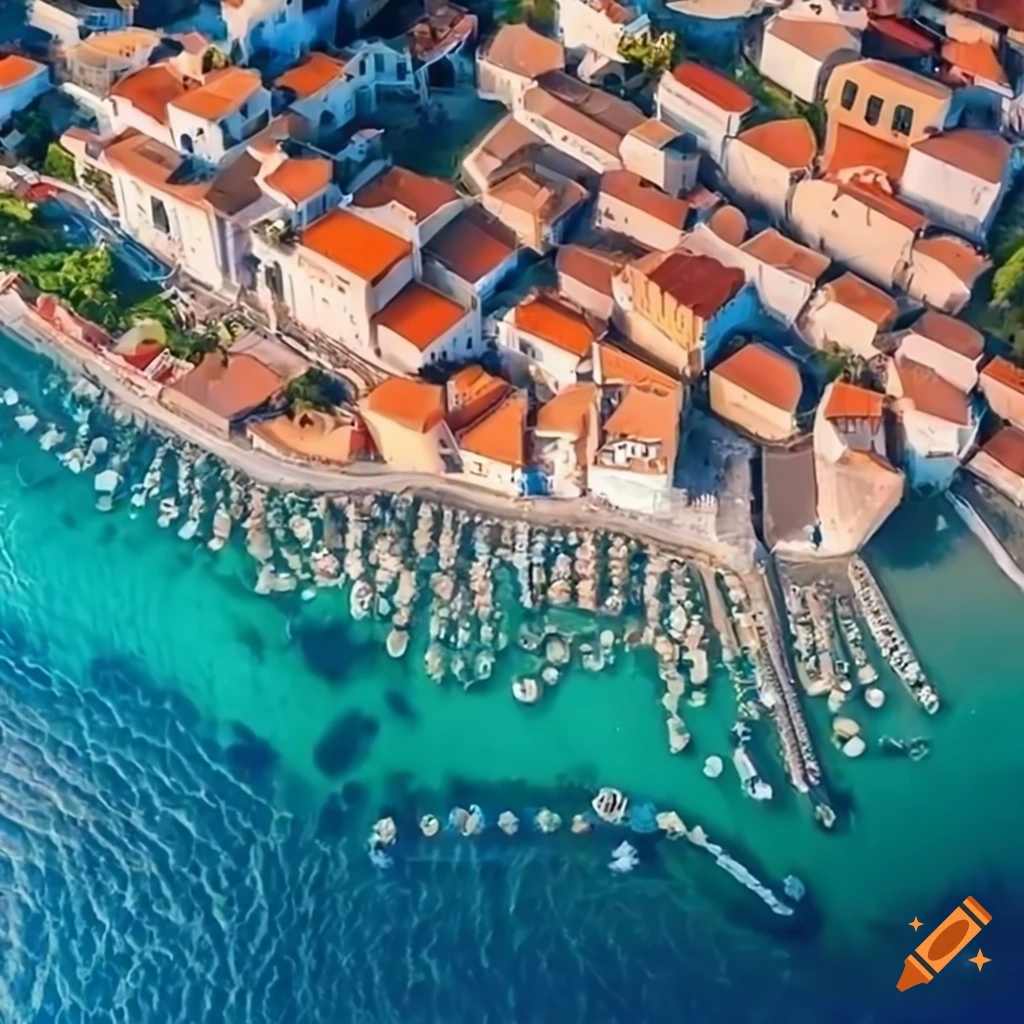 Aerial view of a village by the Mediterranean Sea