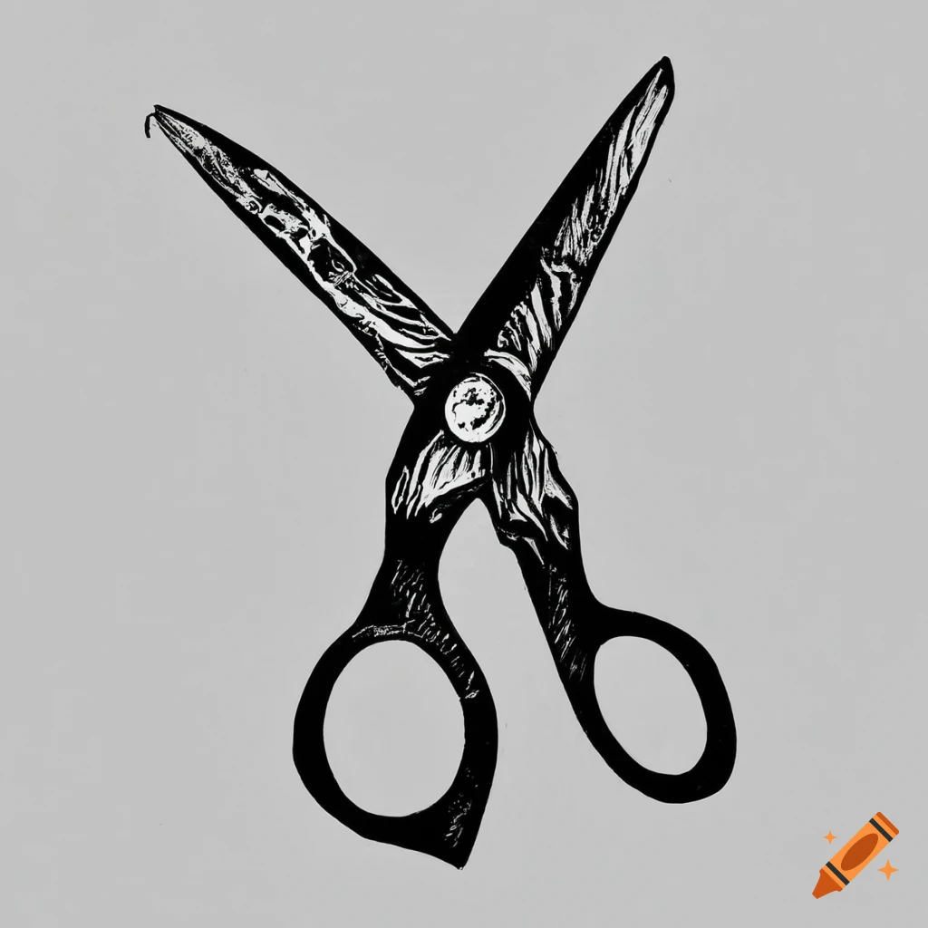 Woodcut-style painting of various scissors in black and white