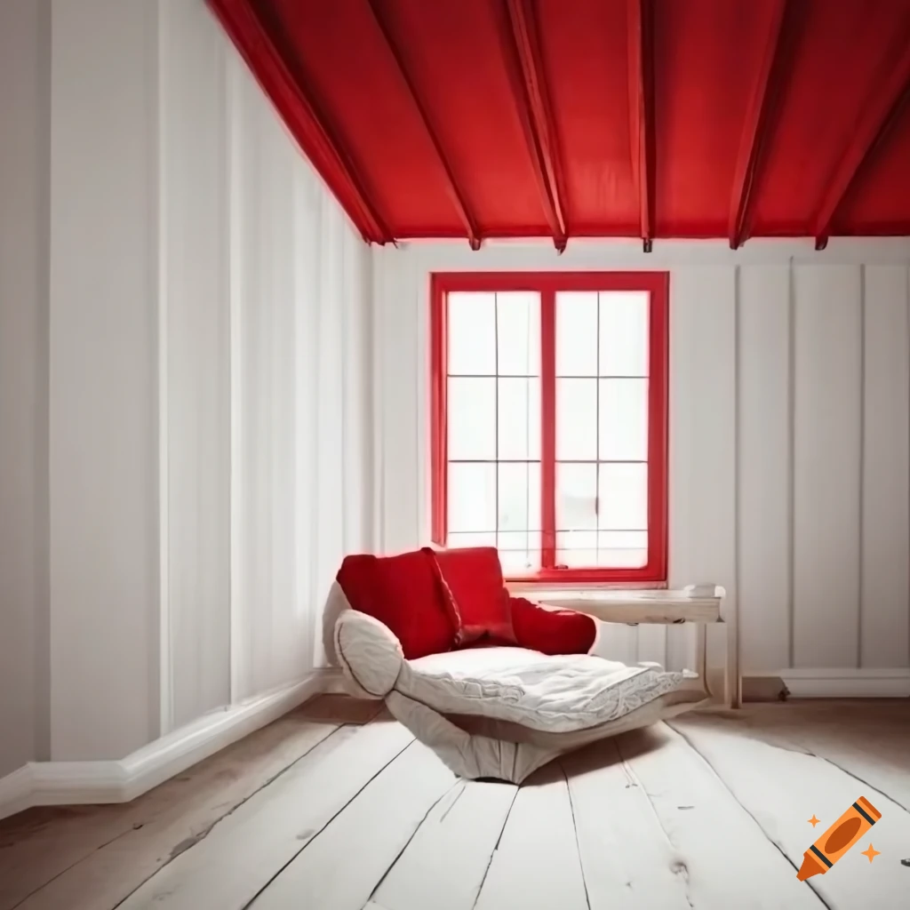 Spacious white wooden attic room with red curtains and a white sofa