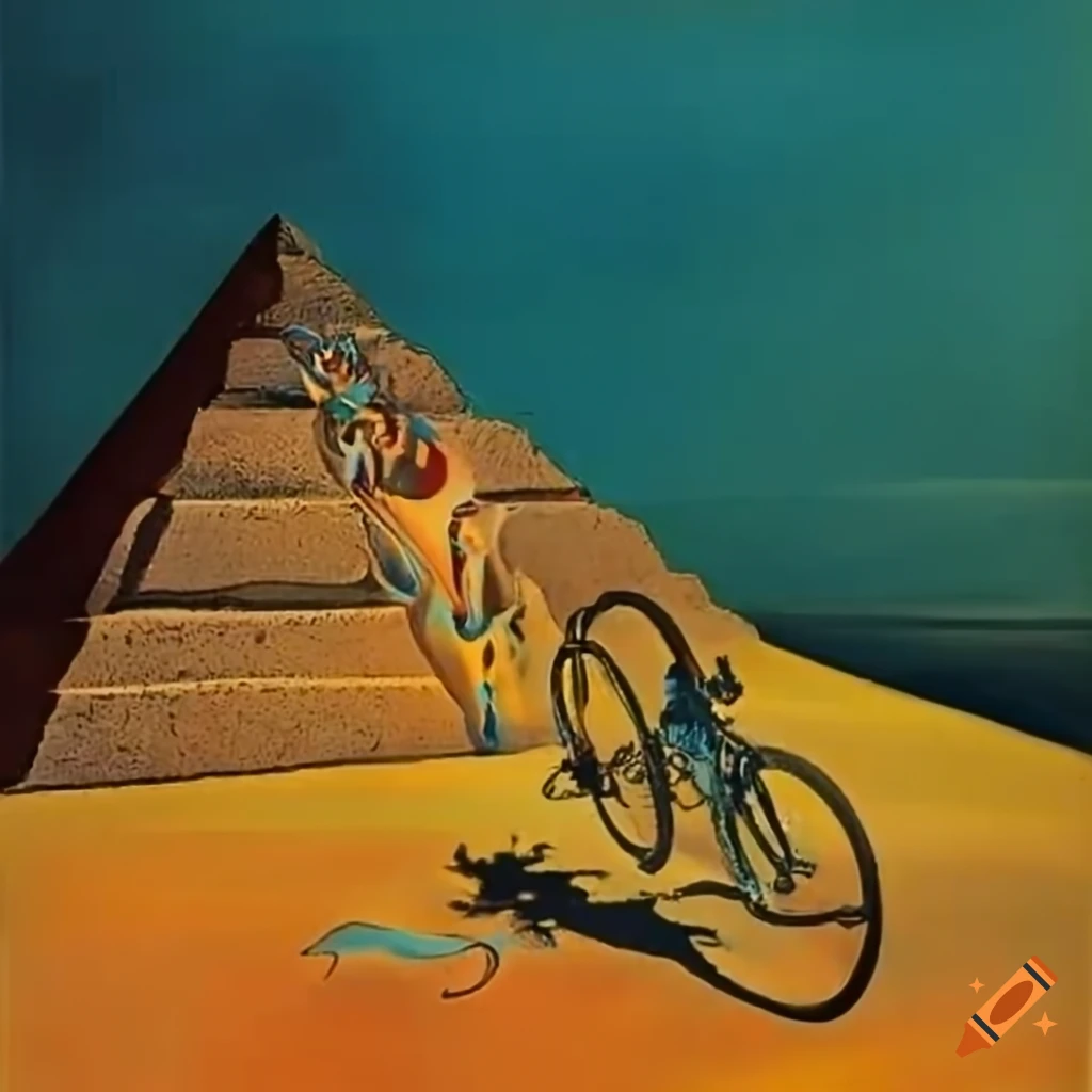 Jackals mountain biking down a pyramid in a surreal scene