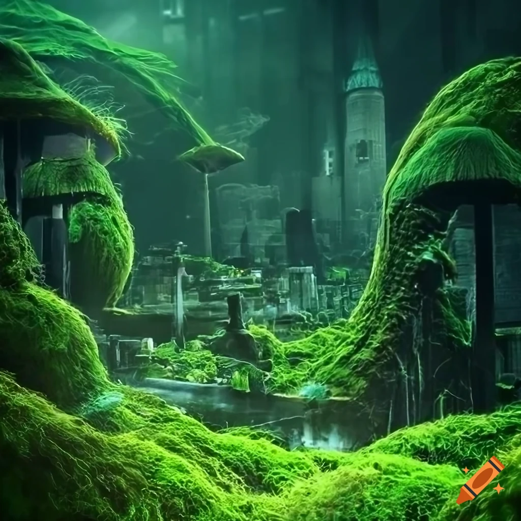 Glowing biopunk cityscape with mythical creatures and biological energy sources