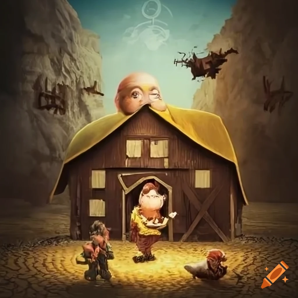 Fantasy movie poster featuring dwarves and a gnome exploring a barn