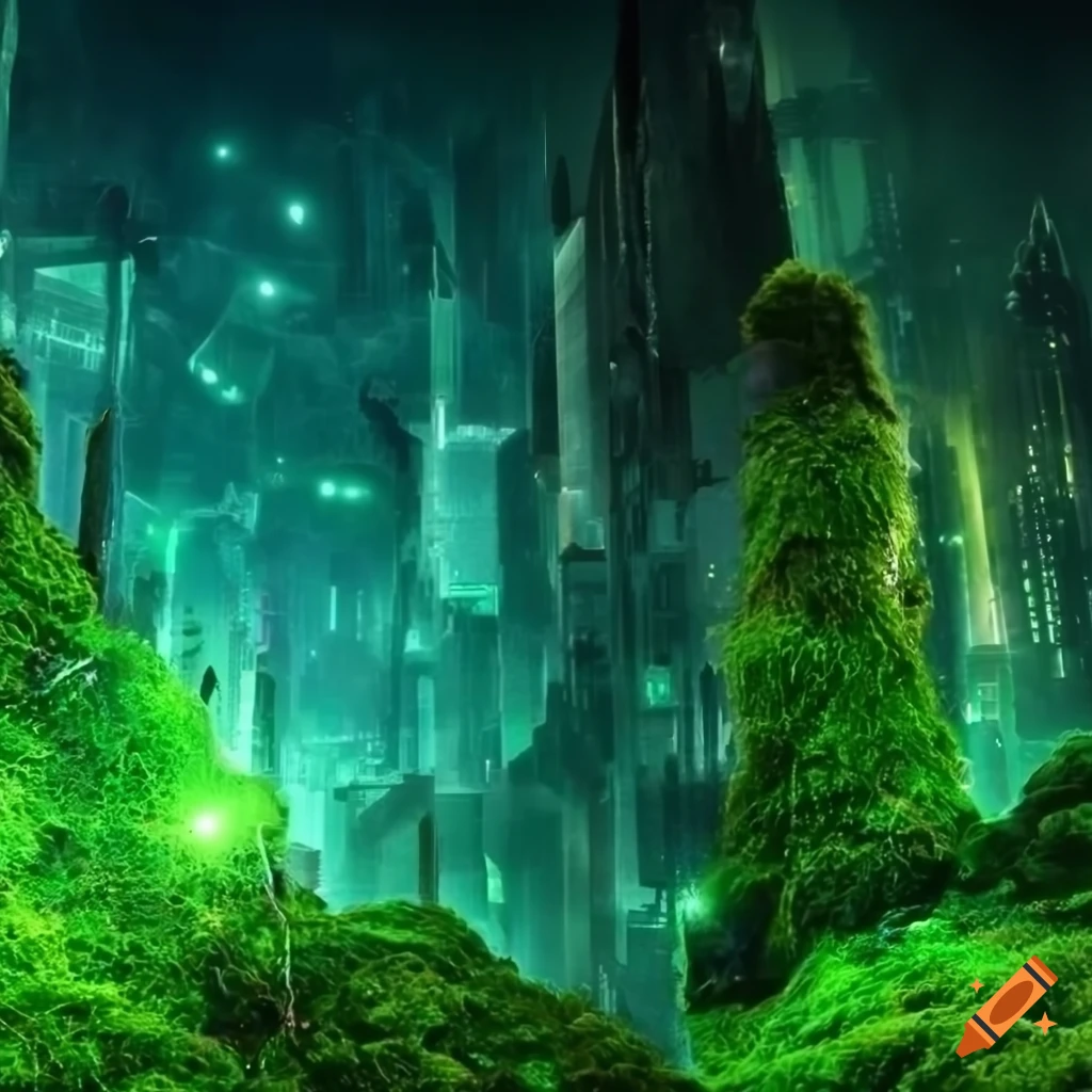 Glowing biopunk cityscape with mythical creatures and biological energy sources