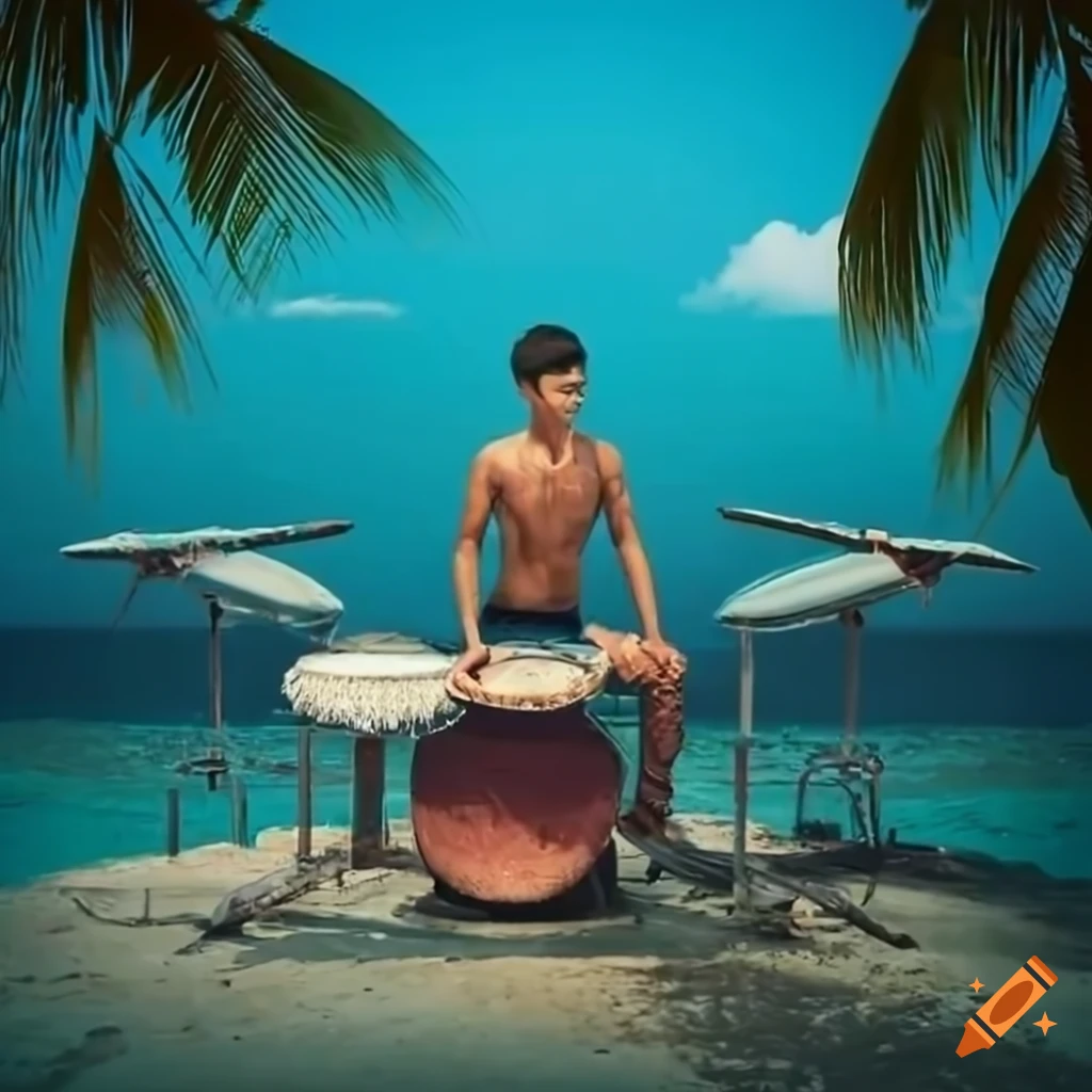 Asian man playing drums on a tropical island in the Pacific Ocean