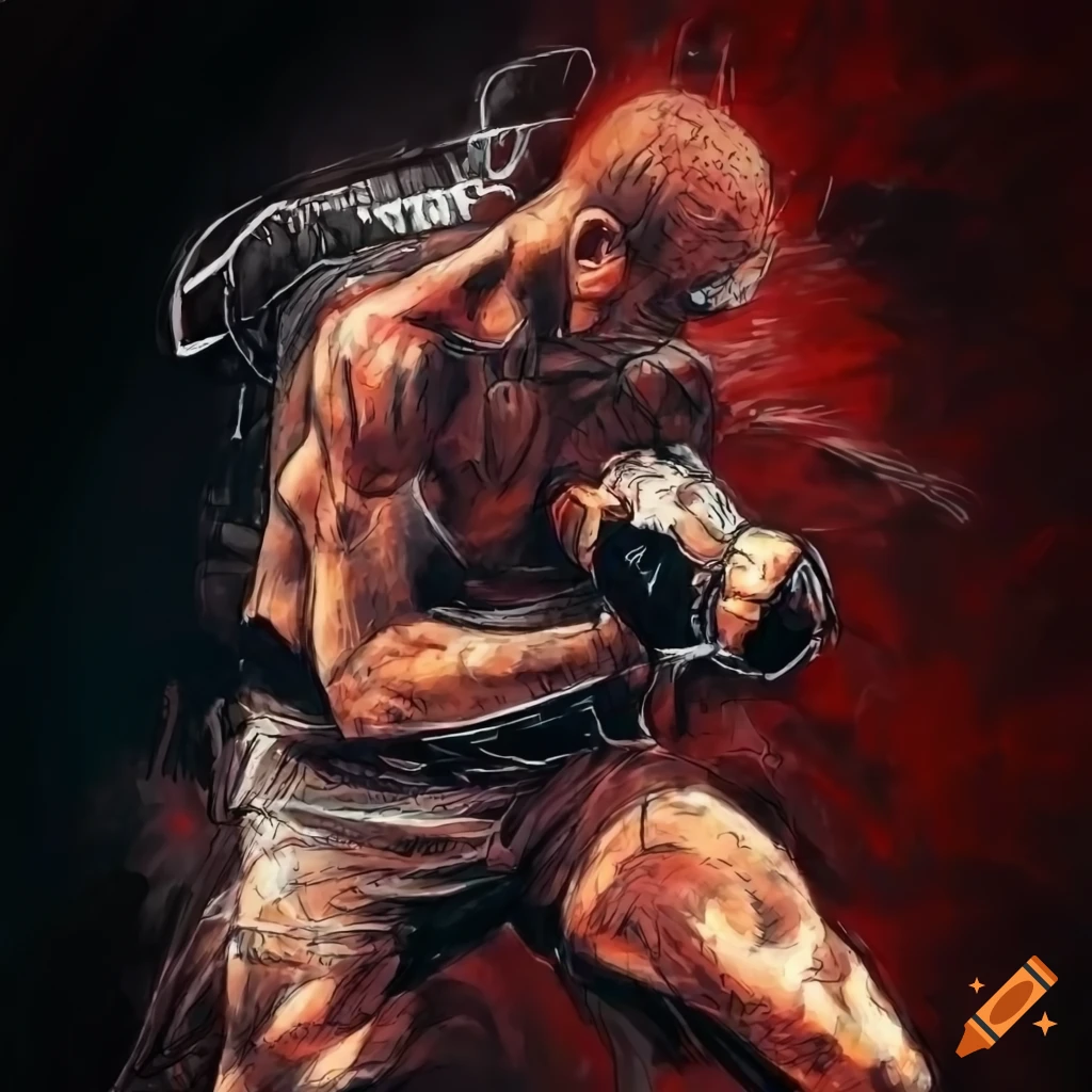 Realistic MMA street combat drawing featuring colorful fighters in a tense football field setting