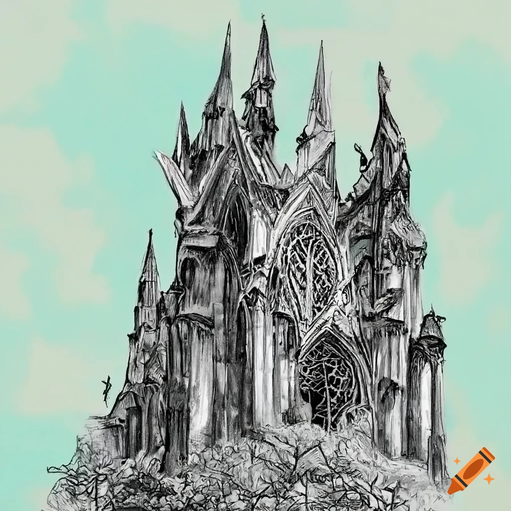 Detailed gothic cathedral drawing with flying buttresses and intricate ...