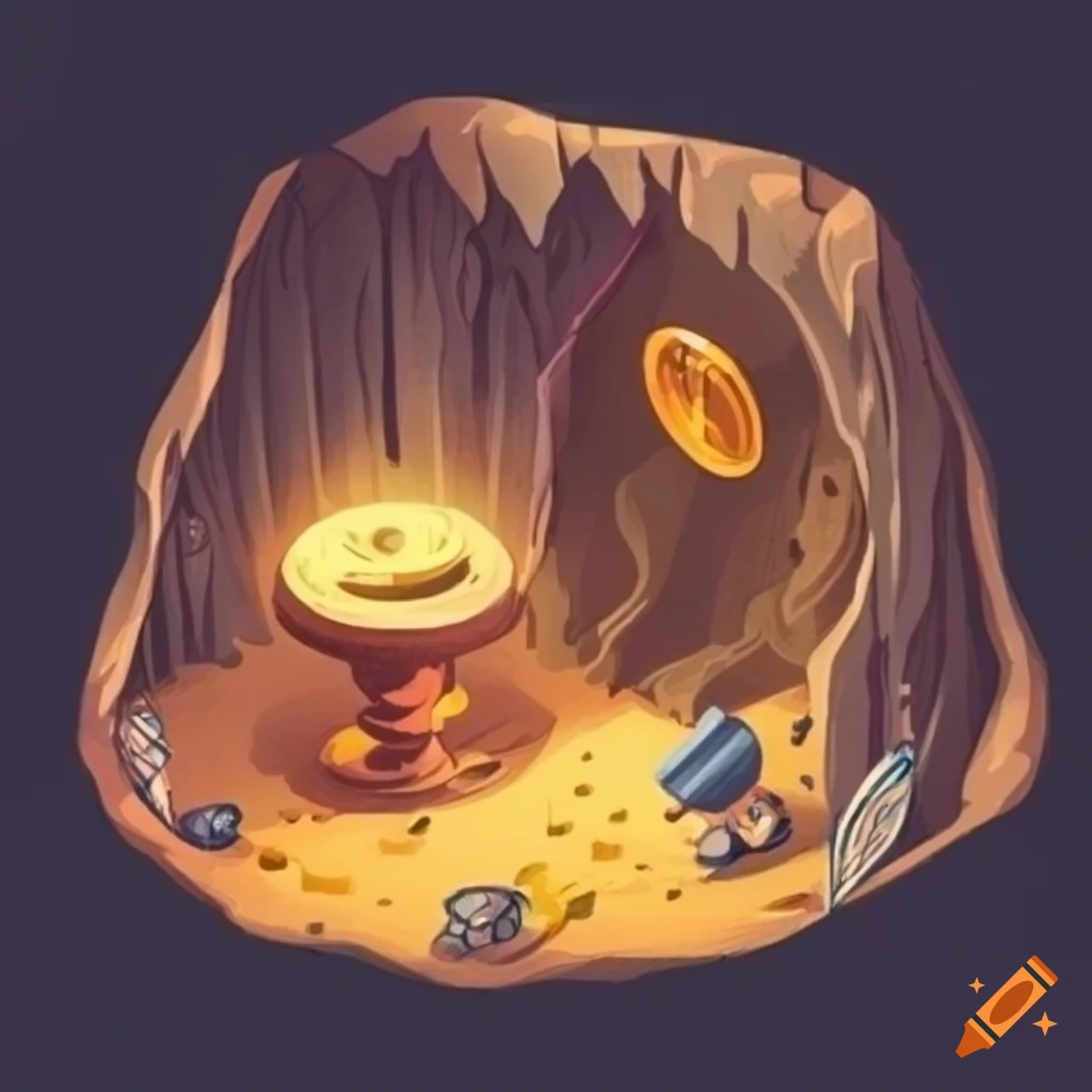 Isometric view of a cave with a vat of gold coins