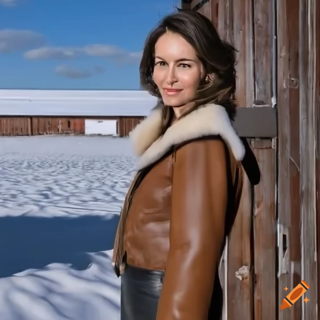 Young woman in sheepskin bomber jacket and black leather trousers standing in barn doorway