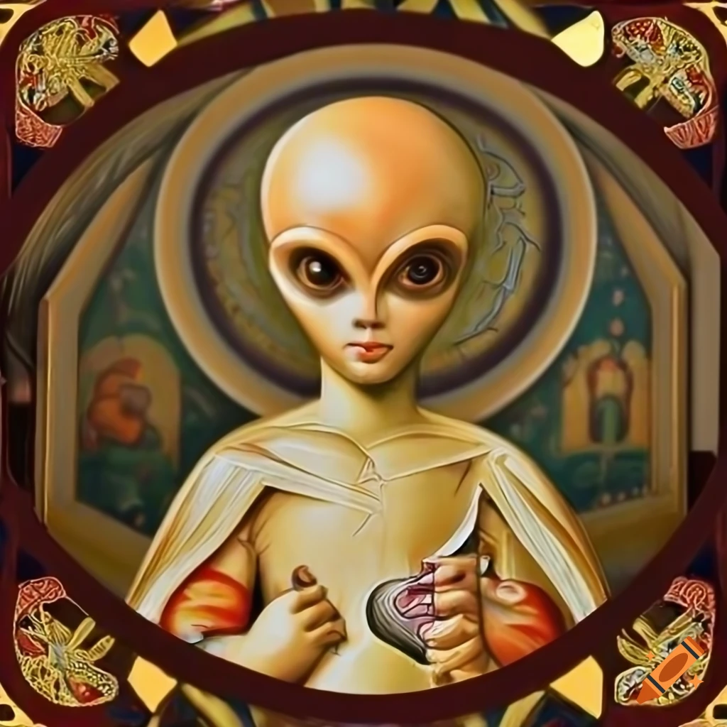 Photorealistic alien in the form of a Ukrainian Orthodox saint icon