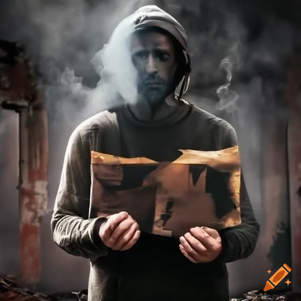 Man holding burnt papers in ruins of burned house amid smoke