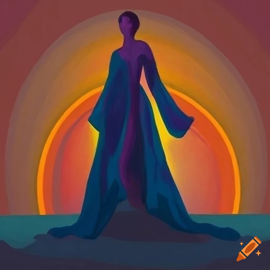 Graceful figure with a full plate against a setting sun in fauvist