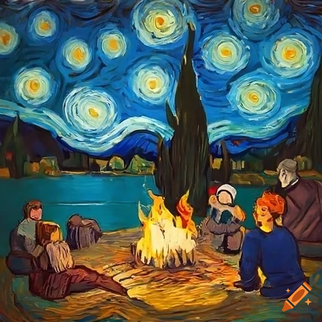 Van Gogh style painting of people around a campfire near a lake under a starry night sky