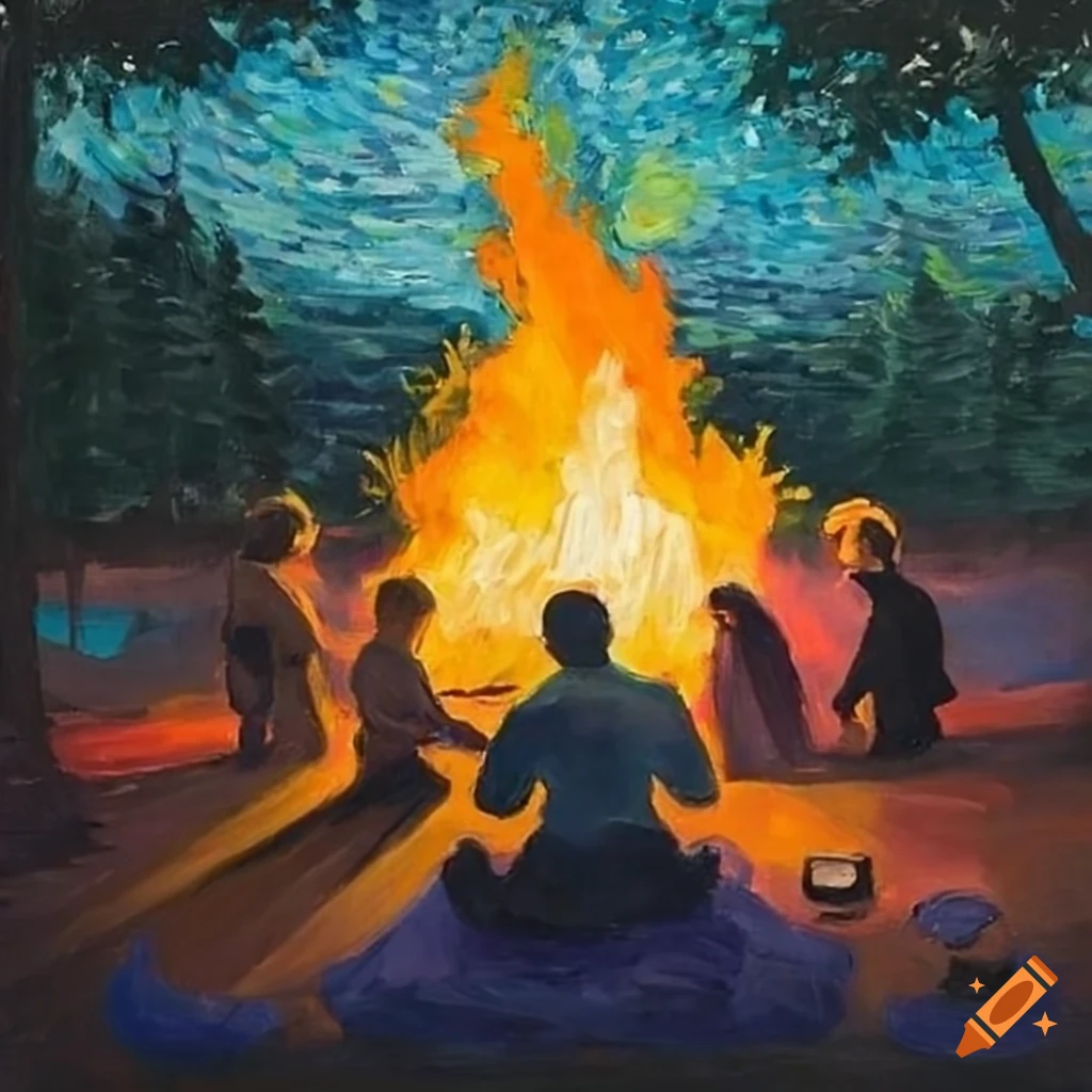 People gathered around a campfire near a lake under a starry night sky in an impressionist painting