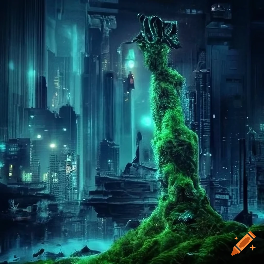 Glowing biopunk cityscape with mythical creatures and biological energy sources