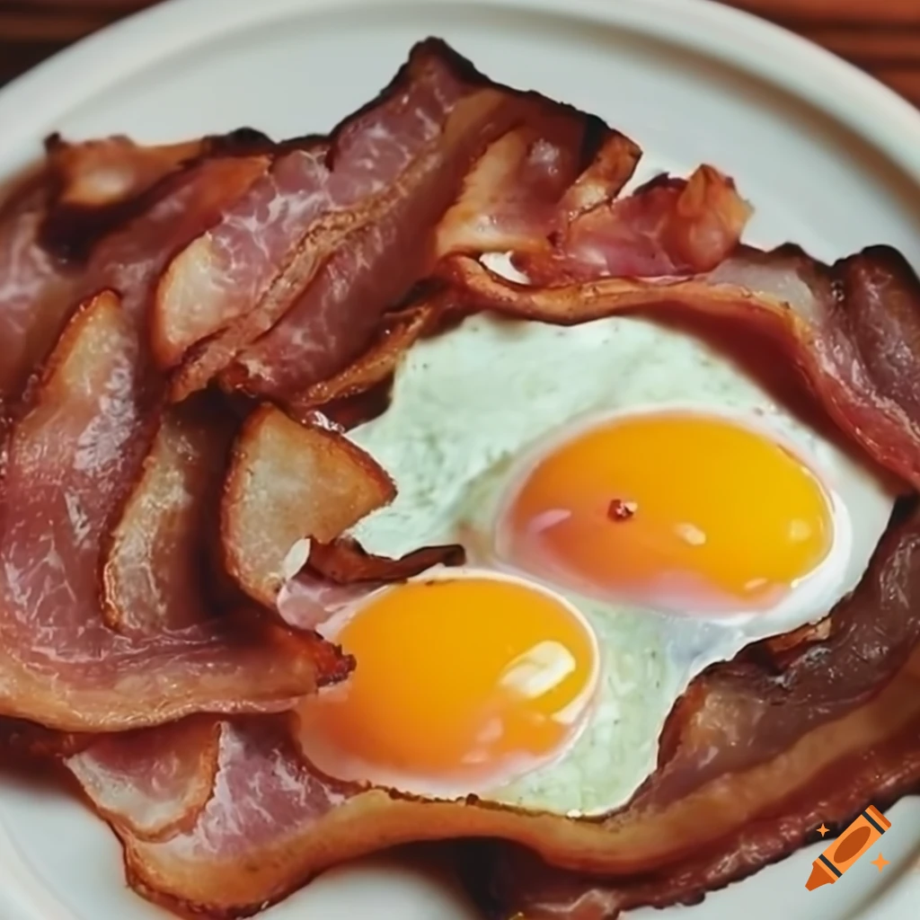 Close-up of sizzling bacon and eggs