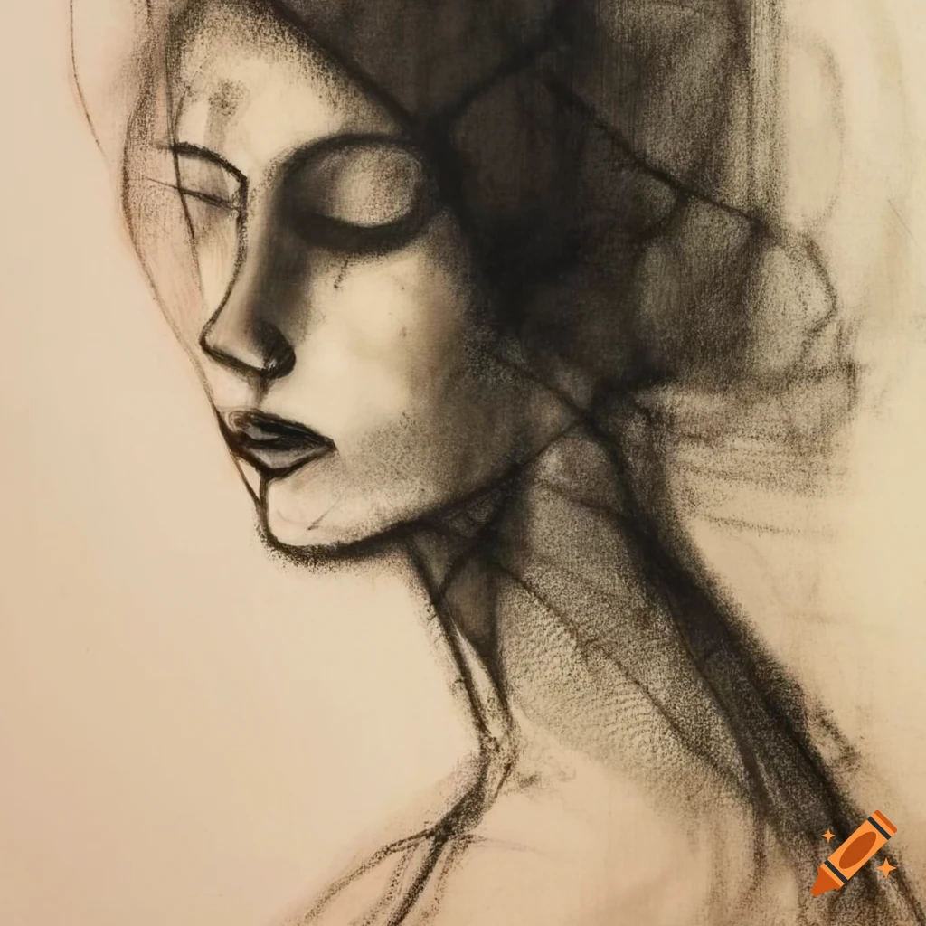 Modernist charcoal sketch of a dancer in sheer lace