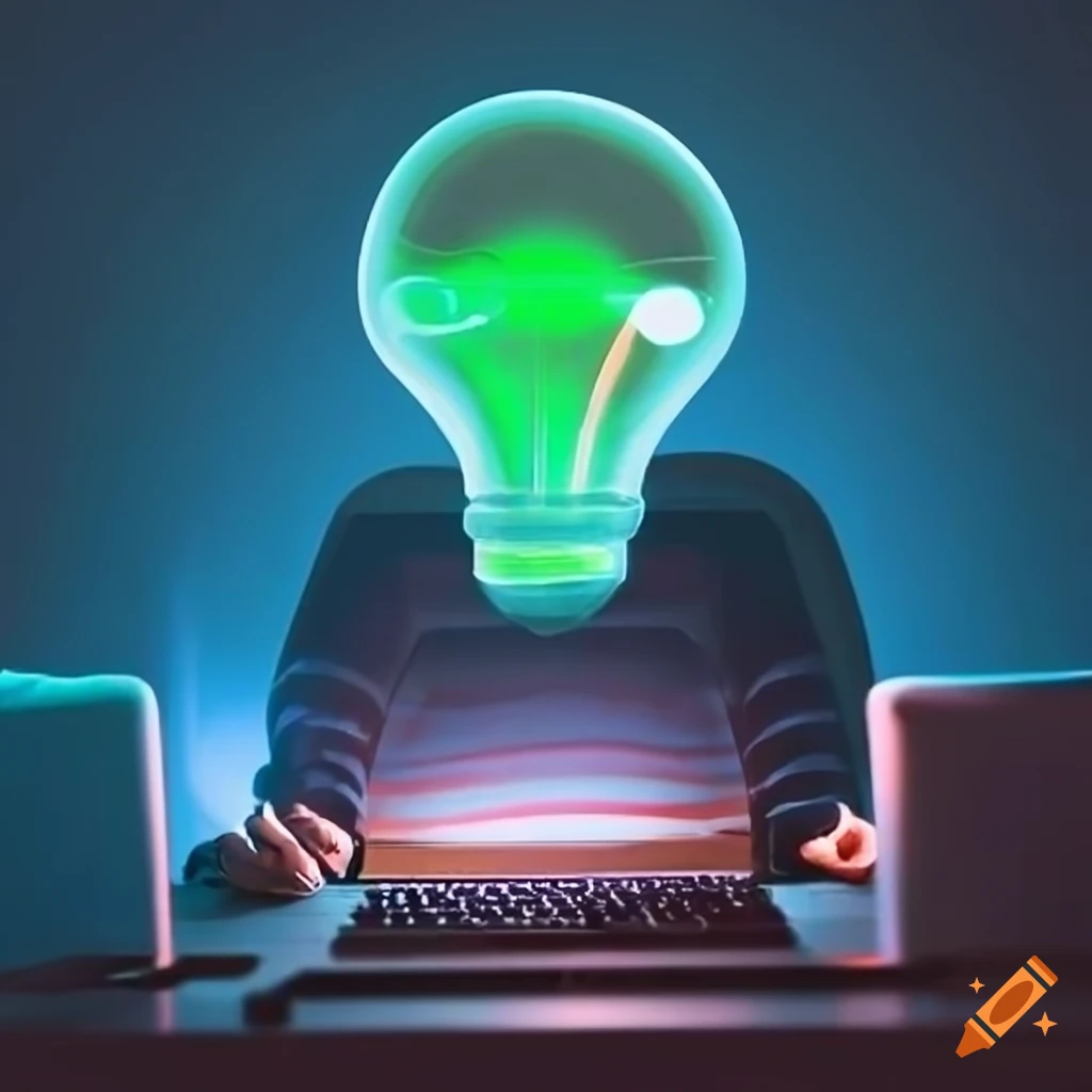 Young programmer at computer with glowing lightbulb head in dimly lit ...