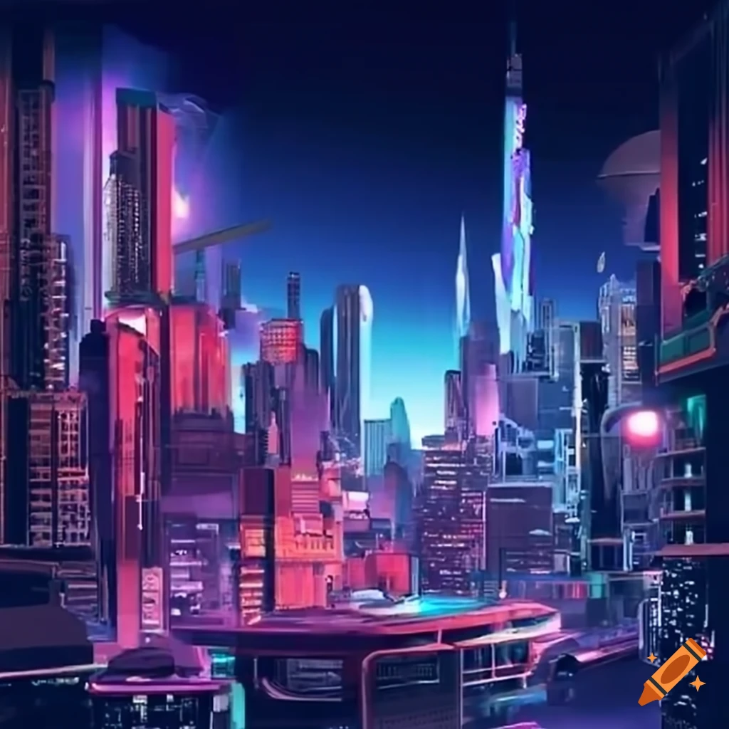Futuristic cityscape with skyscrapers, holographic ads, and flying cars ...