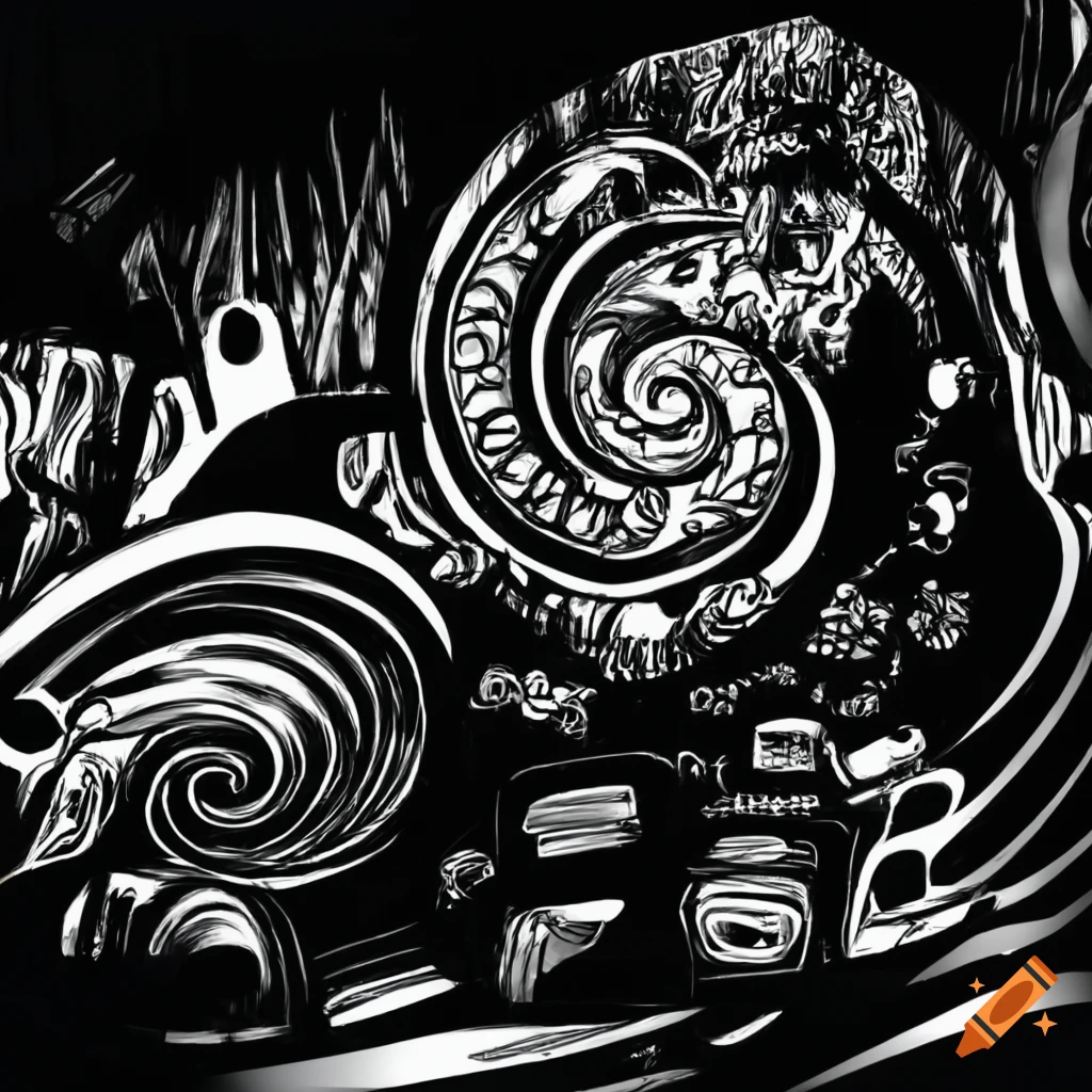 Monochrome psychotic doodle featuring cars, music, books, and study materials