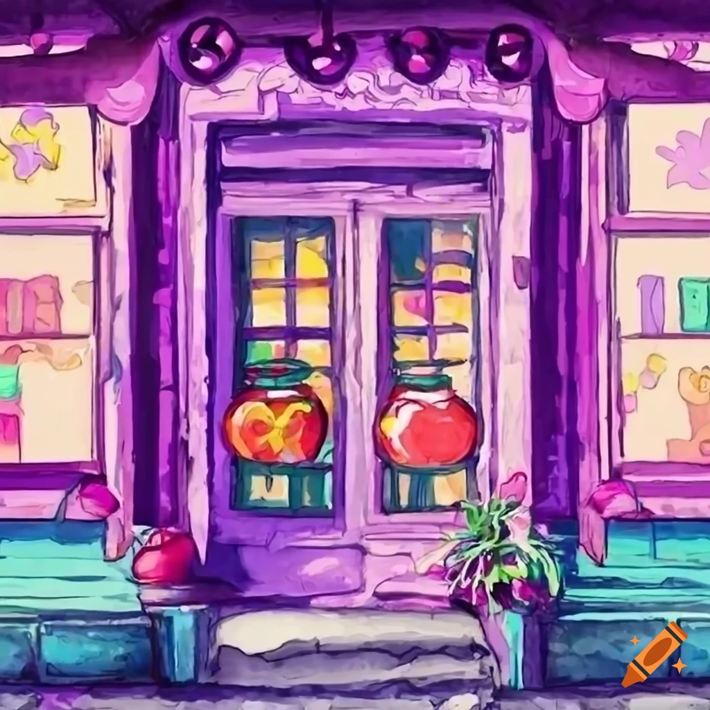 Welcoming cartoon shop decorated with purple exterior and cute jam jars