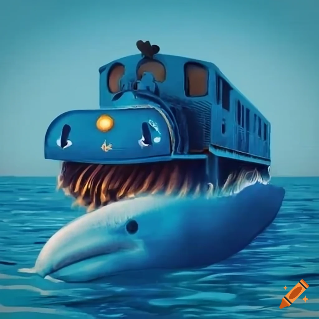 Blue train crashing into a blue whale