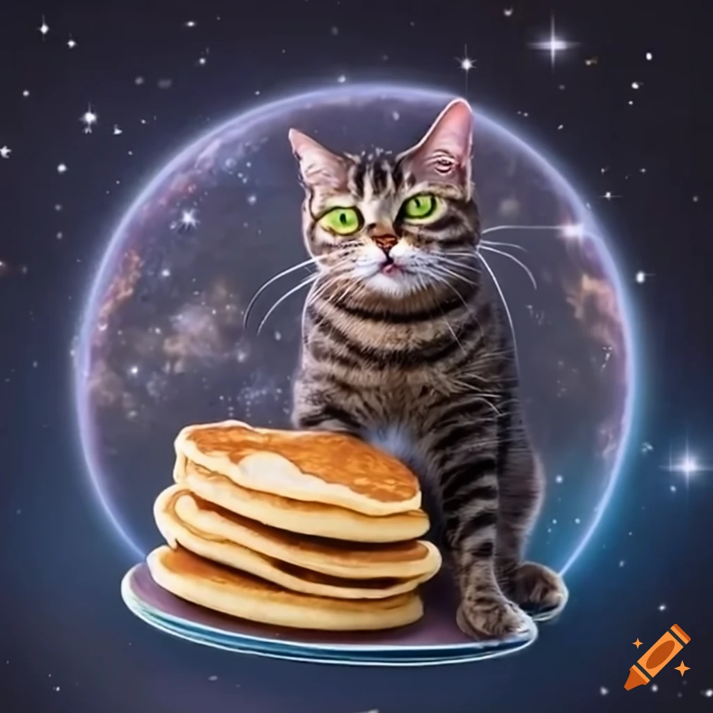 Cat eating pancakes in outer space on Craiyon