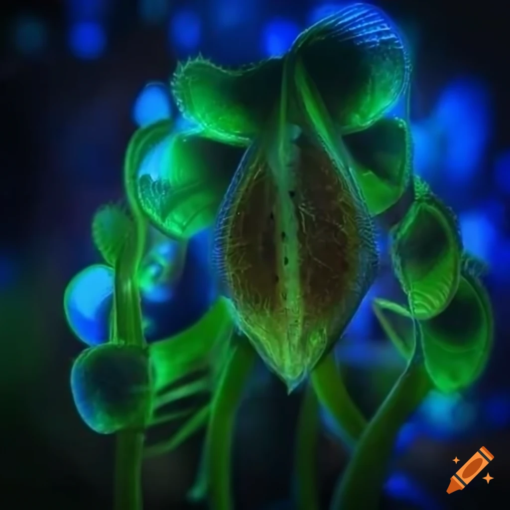 Glowing biopunk Venus flytrap creature in a moss-covered cityscape