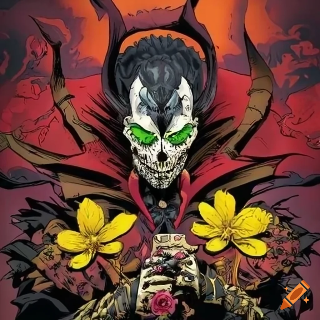 Dia de Los Muertos spawn comic book anti-hero with yellow and red flowers