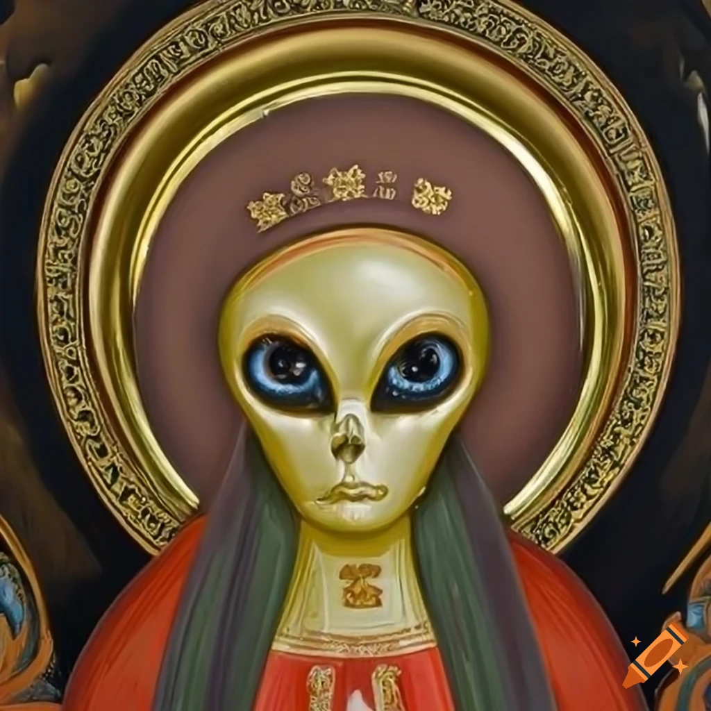 Photorealistic alien in the style of a Russian Orthodox saint icon with golden circle and big eyes