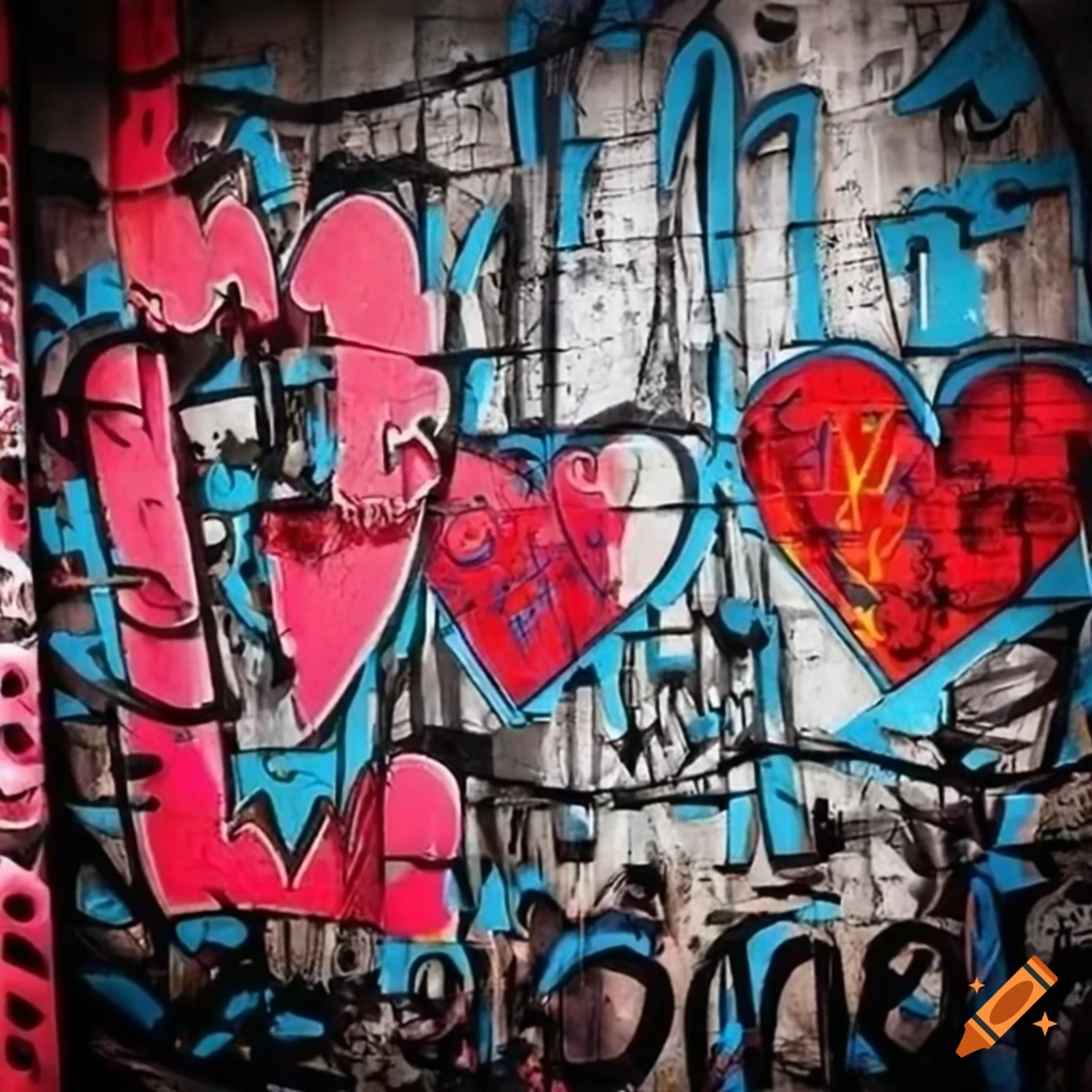 Grunge urban wall with punkstyle graffiti hearts on Craiyon
