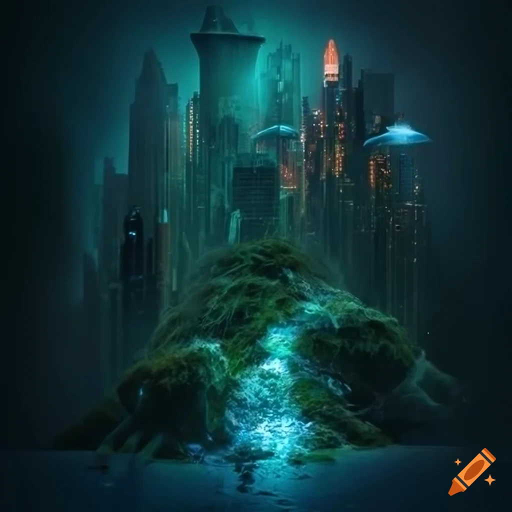 Glowing biopunk cityscape with mythical creatures and biological energy sources