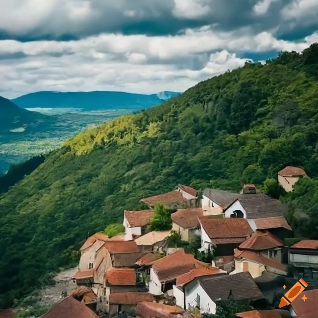 Hyperrealistic village with stone houses and mountain backdrop on a sunny day