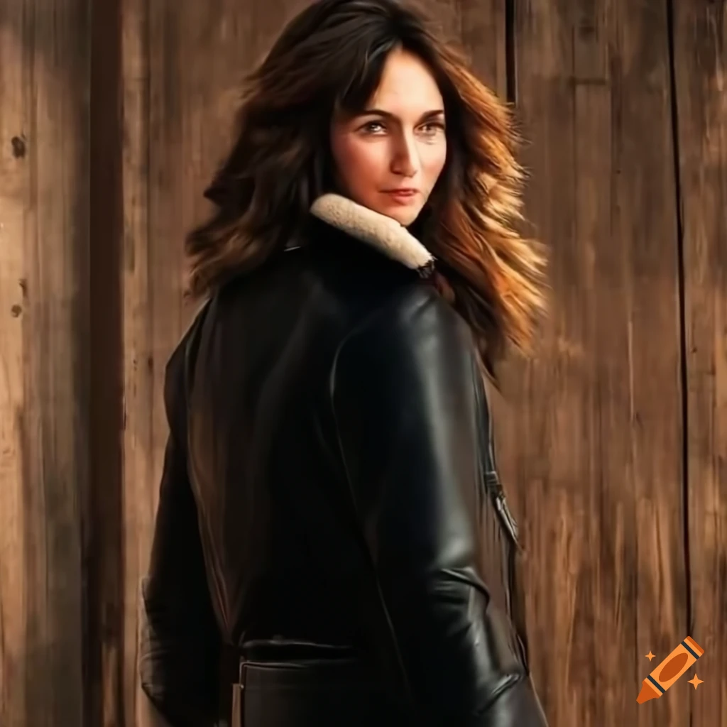 Young woman in aged-brown sheepskin bomber jacket and black leather trousers standing in doorway