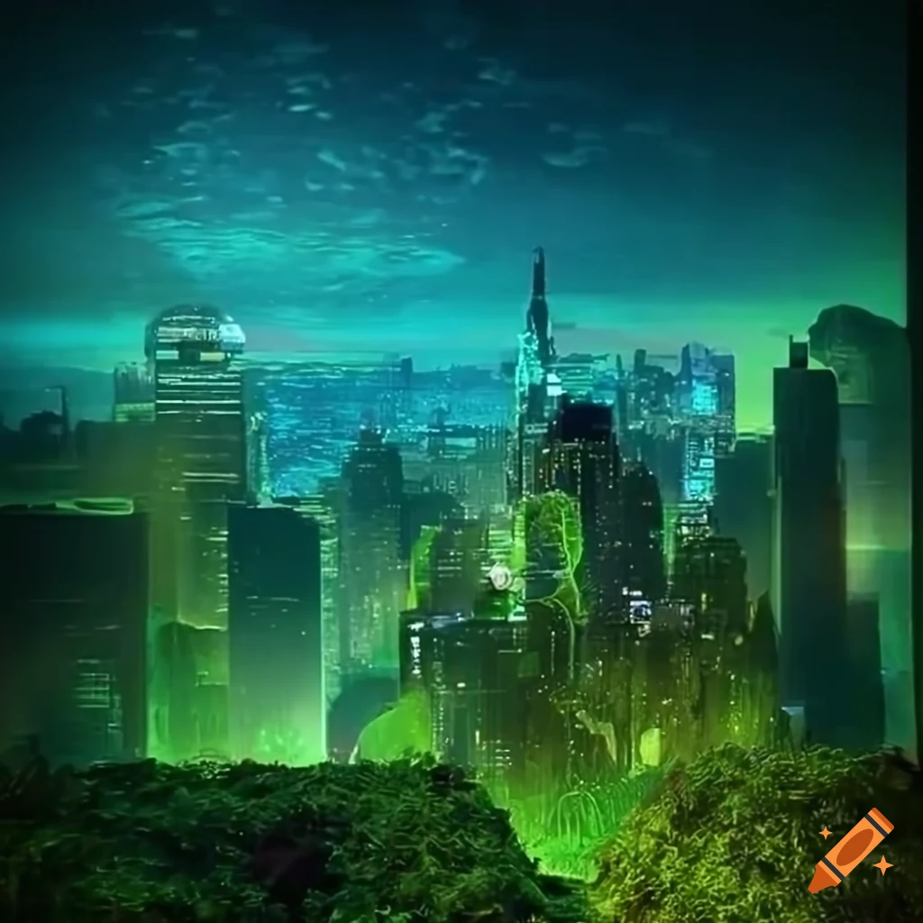 Glowing biopunk Venus flytrap creature in a moss-covered cityscape