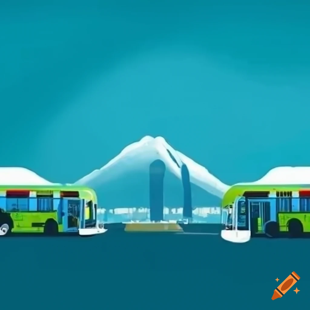 Marketing poster for a hydrogen bus station showing multiple buses with the phrase 'For a cleaner Guatemala' promoting sustainable living