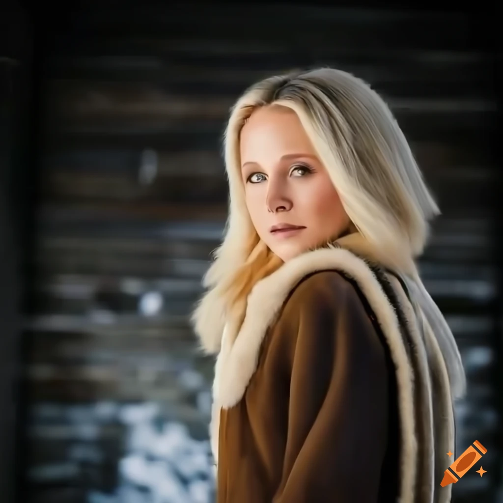 Blonde actress in sheepskin bomber jacket and leather trousers standing in barn doorway