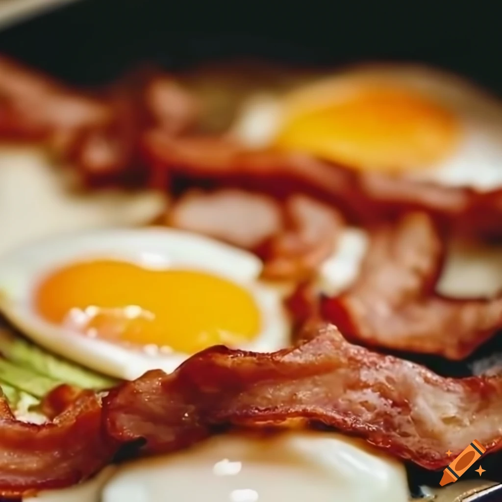 Close-up of sizzling bacon and eggs