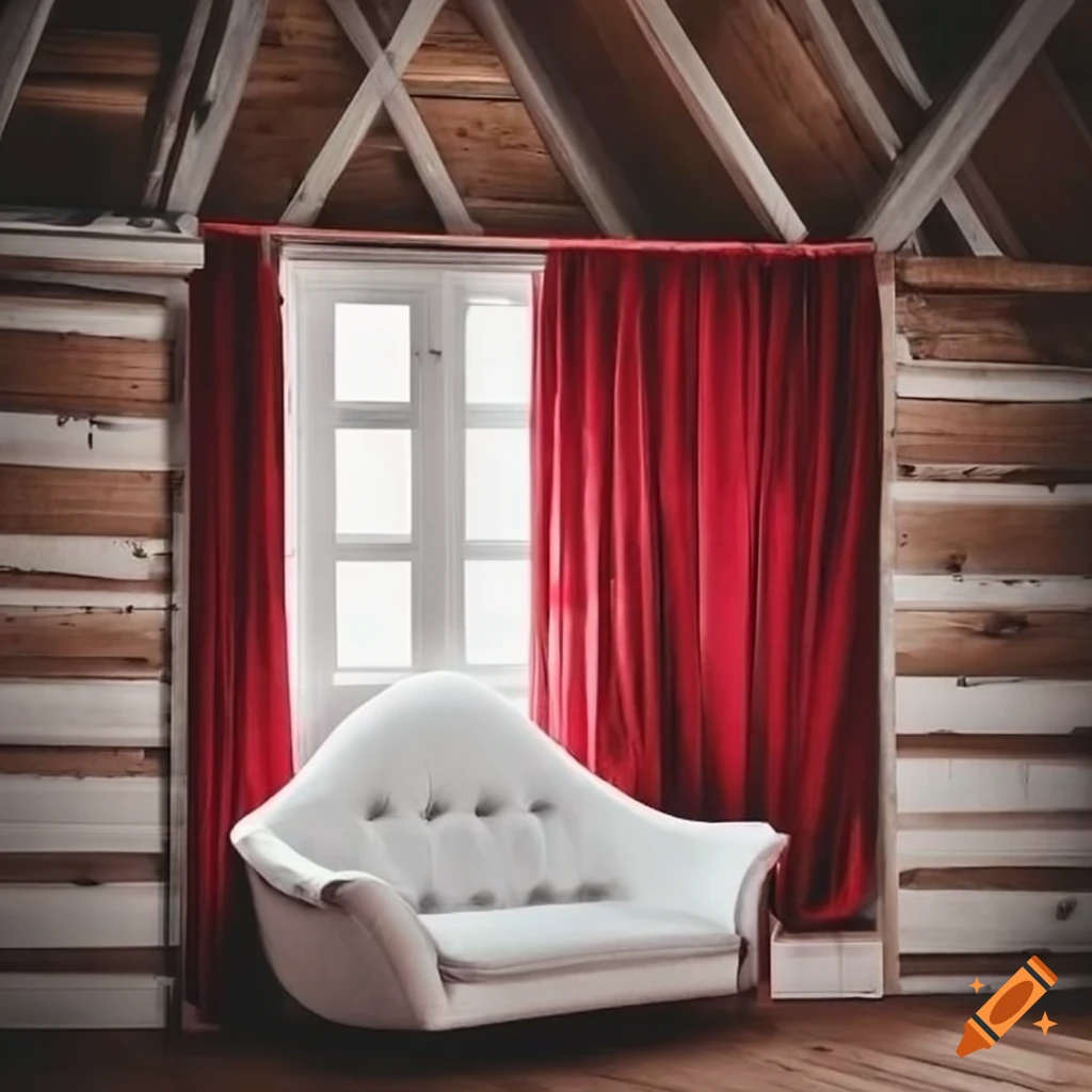 Wooden attic room with large window and red velvet curtain