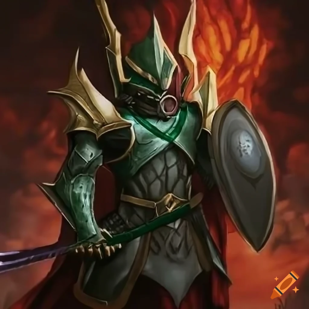 Lydwanne Reptile champion in dark armor with sword and Spitfire shield