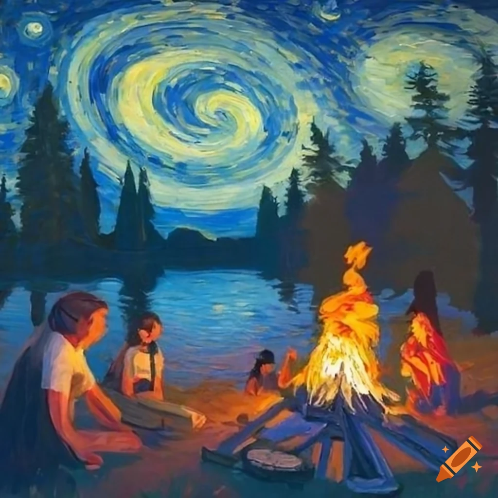 Impressionist painting of people by a lake at night around a campfire