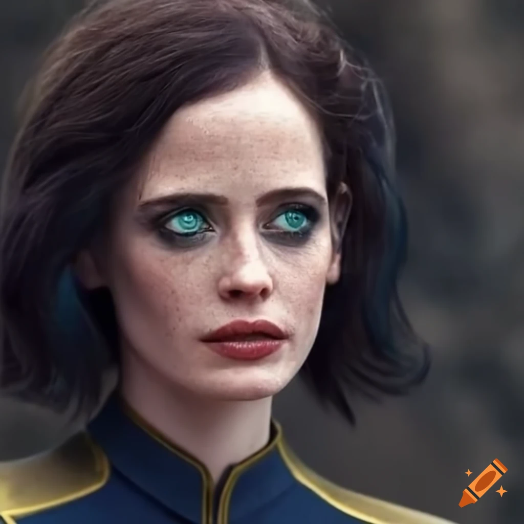 Young eva green with fair skin and green glowing eyes in a fantasy