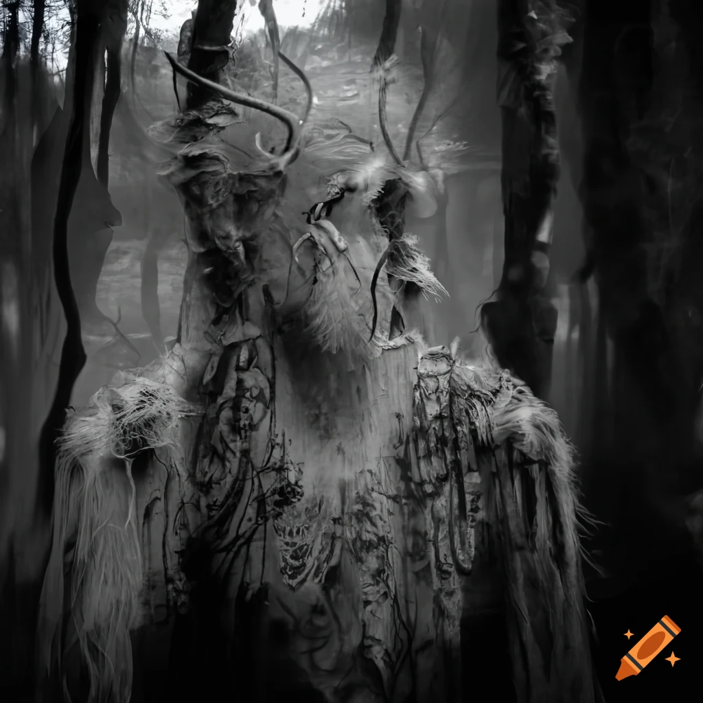 Monochrome baroque art with forest of seaweed, antlers and trephination