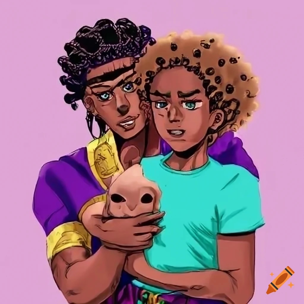 Black dad holding biracial Spanish female child in Jojo bizarre adventure art style