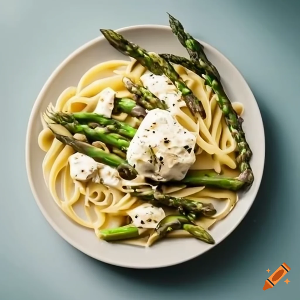 Dish with pasta, asparagus, and burrata cheese