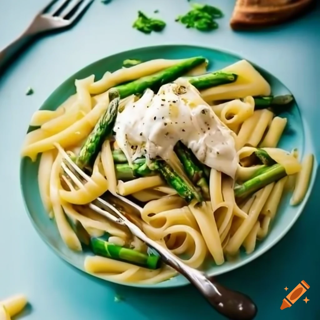 Dish with pasta, asparagus, and burrata cheese