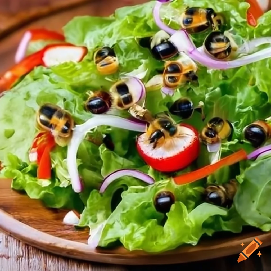 Leafy salad with bees as an ingredient