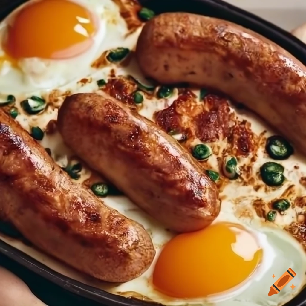 Closeup of sizzling hashbrowns, sausage, bacon, and eggs