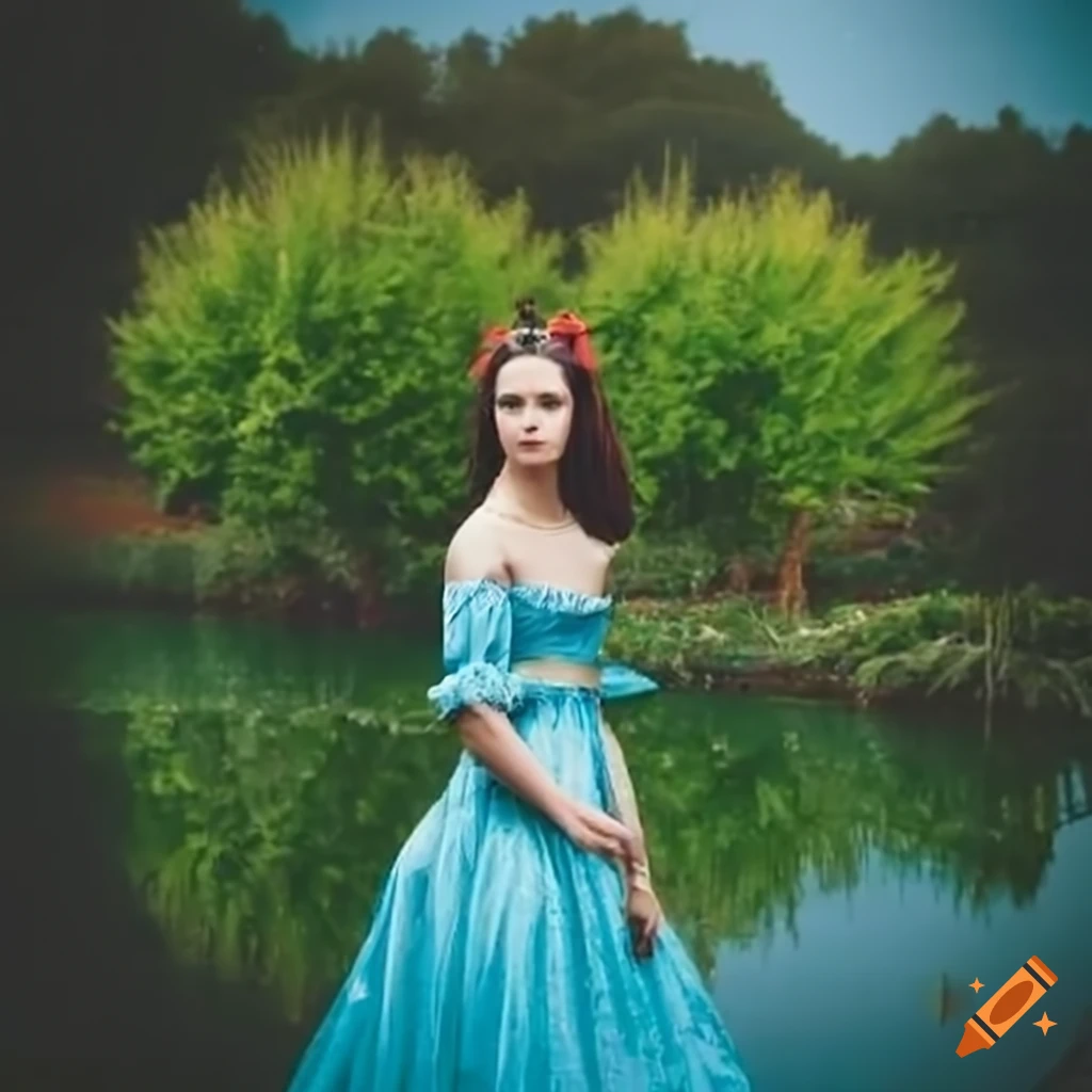 Beautiful woman on a 1830's bridge overlooking a pond