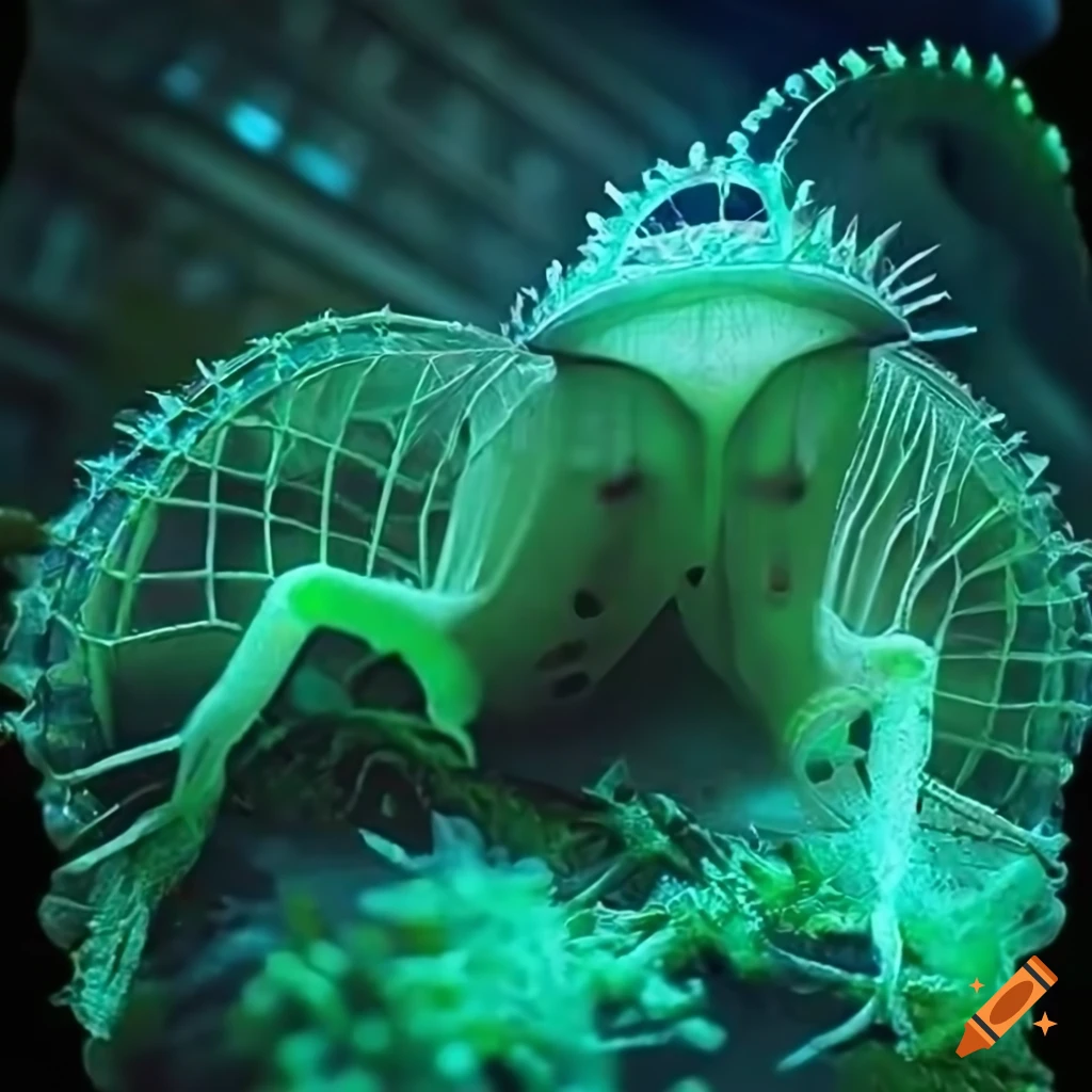 Glowing biopunk Venus flytrap creature in a moss-covered cityscape